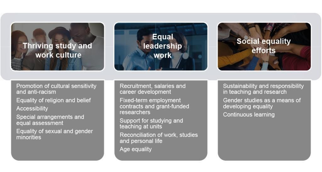 Equality and diversity focus areas are: 1. Inclusion and thriving study and work culture, 2. Equal leadership work and 3. Social equality efforts. Each of these areas have also subareas. 