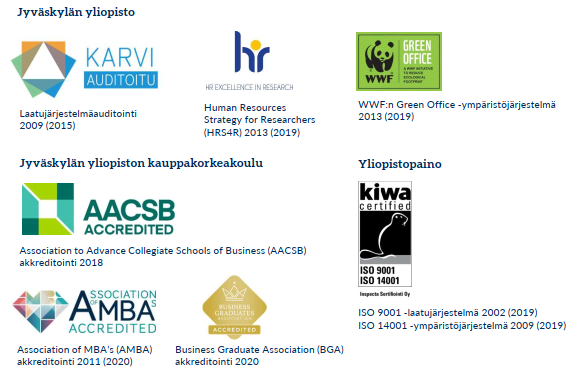 Jyväskylän yliopiston yliopistotasoiset, yliopistopainon ja kauppakorkeakoulun laatuleimat ja sertifikaatit: Karvi laatujärjestelmä, HR Excellence in Research, Green Office -sertifikaatti, ISO 9001 -laatujärjestelmä- ja ISO1401 -ympäristöjärjestelmäsertifikaatit sekä AACSB-, AMBA- ja BGA-akkreditoinnit.