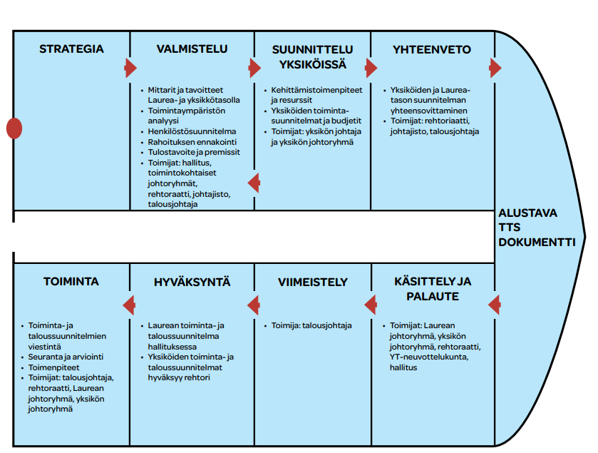 TTS-prosessin vaiheet: strategia, valmistelu (mittarit ja tavoitteet, toimintaympäristöanalyysi, henkilöstösuunnitelma, rahoituksen ennakointi, tulostavoite ja premissit), suunnittelu yksiköissä (kehittämistoimenpiteet ja resurssit, yksiköiden toimintasuunnitelmat ja budjetit), yhteenveto (yksiköiden ja Laurea-tason suunnitelmien yhteensovittaminen), alustava TTS-dokumentti, käsittely ja palaute, viimeistely, hyväksyntä, toiminta (viestintä, seuranta ja arviointi, toimenpiteet).