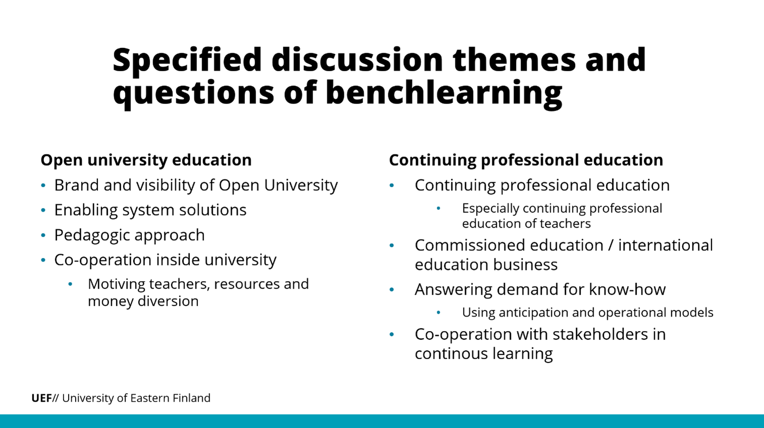 Themes and questions of benchlearning