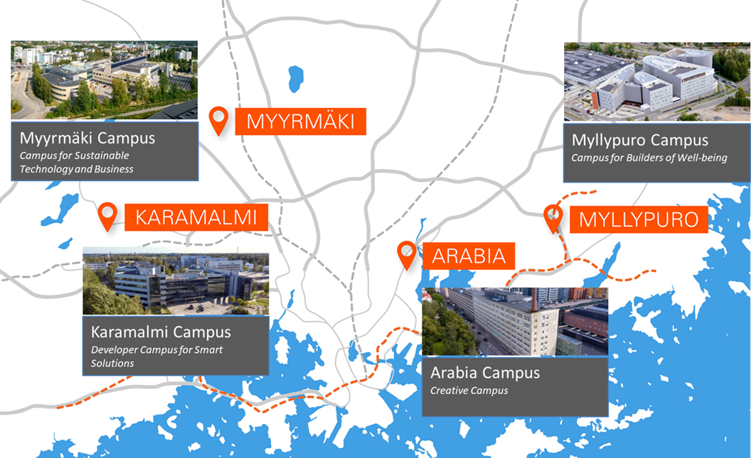 Map of capitol region with four photos of Metropolia campuses