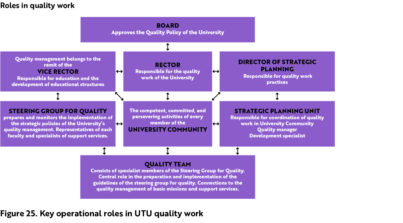 Roles in quality work include the following. The board approves the Quality Policy of the University. The rector is responsible for the quality work of the University. Quality management belongs to the remit of the vice rector responsible for education and the development of educational structures. The director of strategic planning is responsible for quality work practices. The steering group for quality prepares and monitors the implementation of the strategic policies of the University’s quality management. The steering group for quality includes representatives of each faculty and specialists of support services. The competent, committed, and persevering activities of every member of the university community. The strategic planning unit is responsible for coordination of quality work in the University Community. Quality manager and Development specialist are part of the strategic planning unit. The quality team consists of specialist members of the Steering Group for Quality. The quality team has a central role in the preparation and implementation of the guidelines of the steering group for quality. It has connections to the quality management of basic missions and support services.