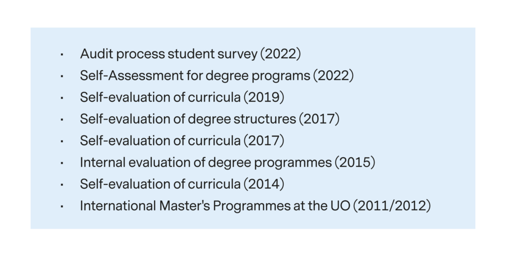 2022 Audit process student survey and self-assessment for degree programmes, 2019 self-evaluation of curricula, 2017 self-evaluation of degree structures and self-evaluation of curricula,2015 Internal evaluation of degree programmes,2014 Self-evaluation of curricula, 2011/2012 International master’s programmes at the UO.